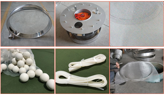 800型全不銹鋼振動篩配件有：振動篩篩框，電機，不銹鋼篩網等。